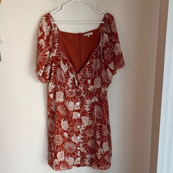 Madewell 100% tie front silk Sunflower floral Print Mini Dress in Rust White 20! - Picture 1 of 10